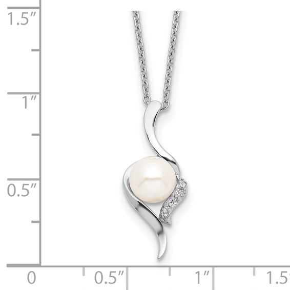 Sterling Silver Rhodium-plated 6-7mm White Semi-Round Freshwater Cultured Pearl and CZ 17 inch Necklace