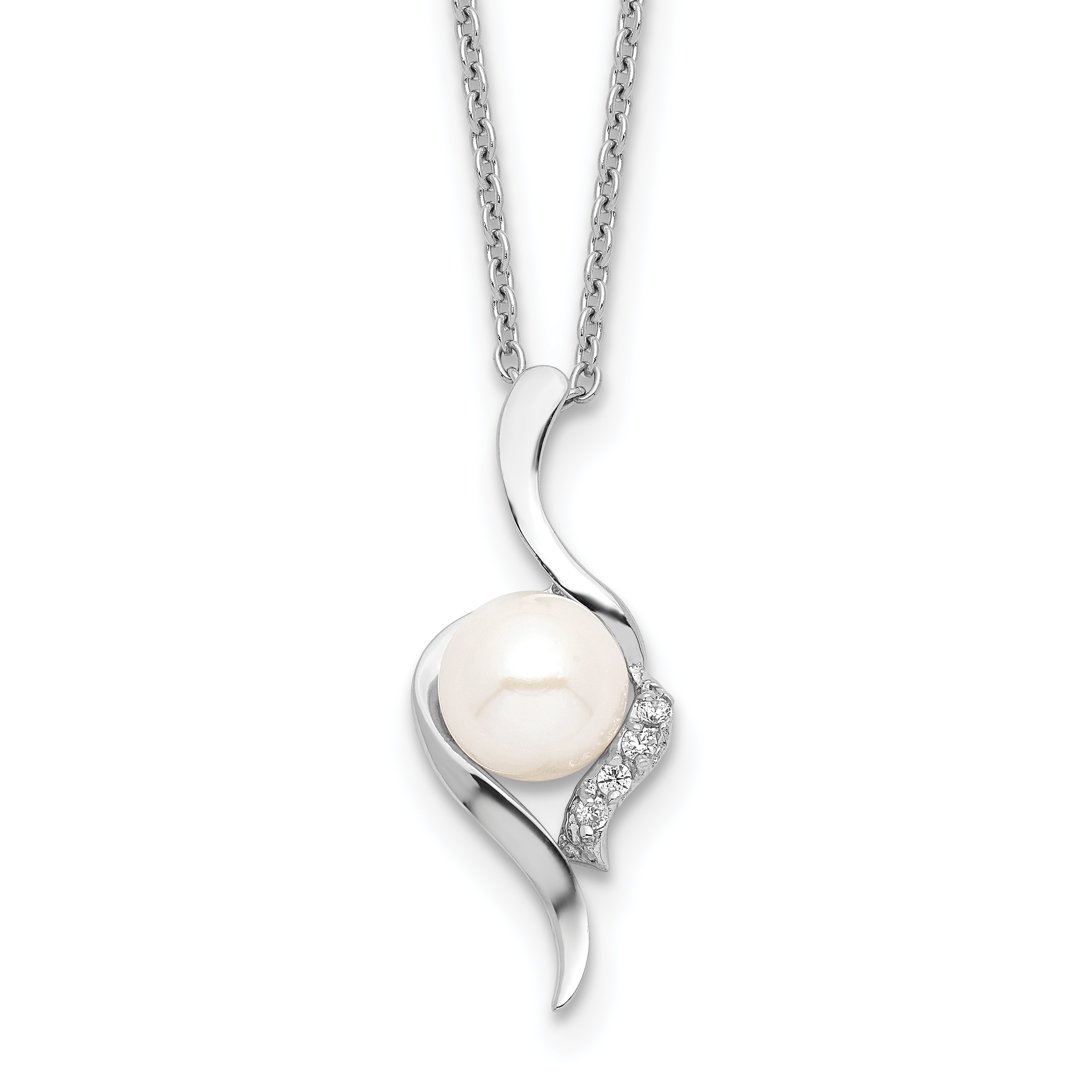 Sterling Silver Rhodium-plated 6-7mm White Semi-Round Freshwater Cultured Pearl and CZ 17 inch Necklace (QG4140-17)