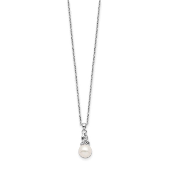 Sterling Silver Rhodium-plated 6-7mm White Near-Round Freshwater Cultured Pearl and CZ 17 inch Necklace
