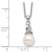 Sterling Silver Rhodium-plated 6-7mm White Near-Round Freshwater Cultured Pearl and CZ Necklace, 17" view 3