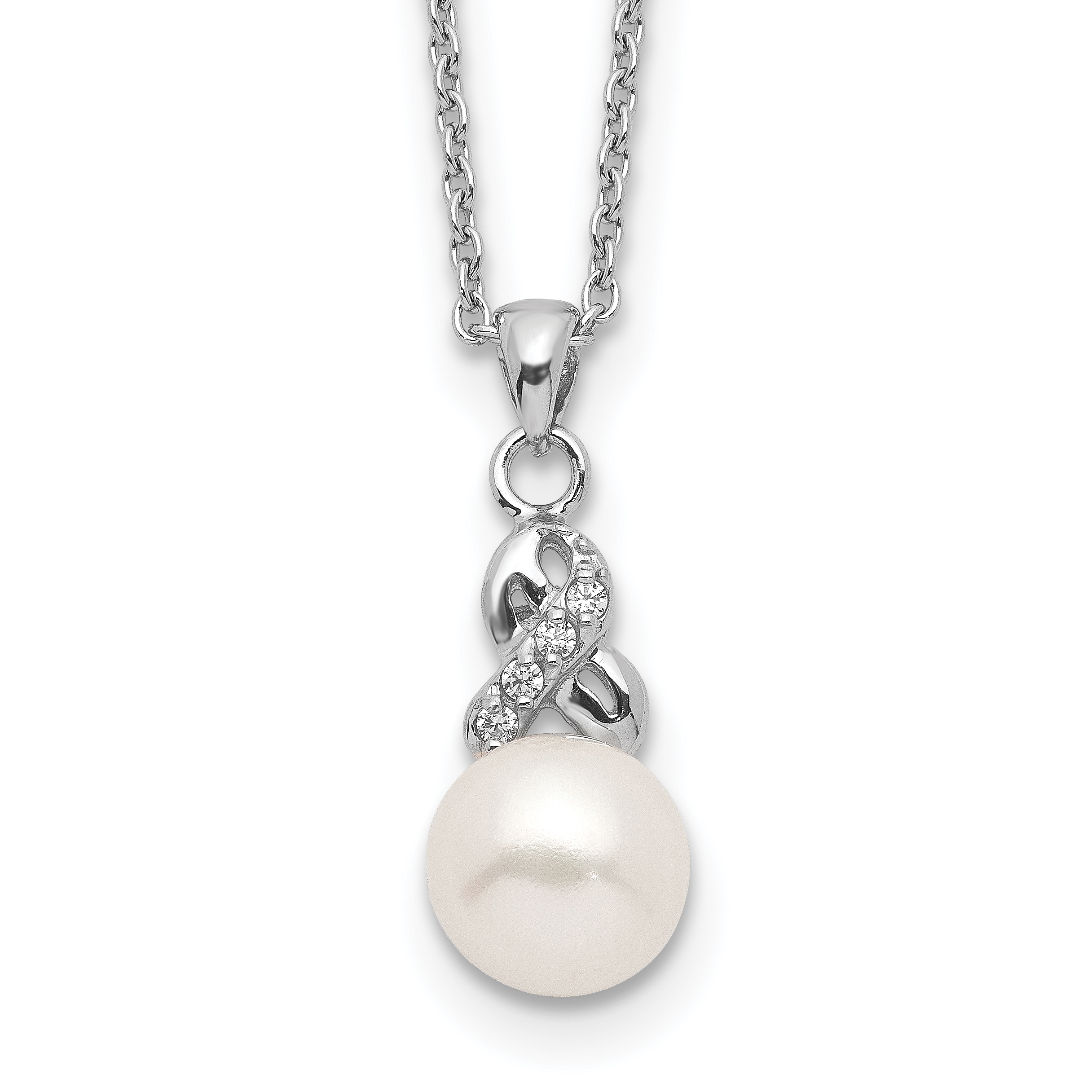 Sterling Silver Rhodium-plated 6-7mm White Near-Round Freshwater Cultured Pearl and CZ 17 inch Necklace (QG4141-17)