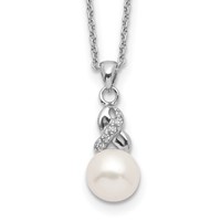 Sterling Silver Rhodium-plated 6-7mm White Near-Round Freshwater Cultured Pearl and CZ Necklace, 17" view 1
