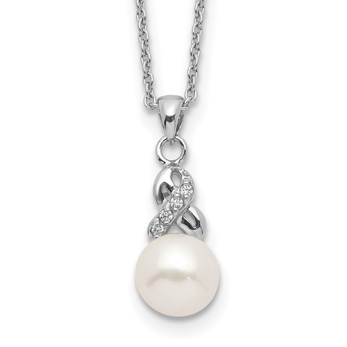 Sterling Silver Rhodium-plated 6-7mm White Near-Round Freshwater Cultured Pearl and CZ Necklace, 17"