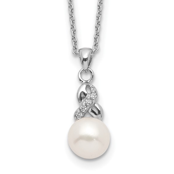 Sterling Silver Rhodium-plated 6-7mm White Near-Round Freshwater Cultured Pearl and CZ 17 inch Necklace