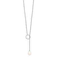 Sterling Silver Rhodium-plated 7-8mm White Teardrop Freshwater Cultured Pearl Drop Lariat Toggle Necklace, 19.5" view 2