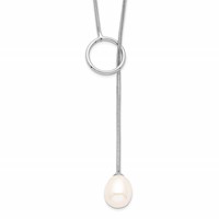 Sterling Silver Rhodium-plated 7-8mm White Teardrop Freshwater Cultured Pearl Drop Lariat Toggle Necklace, 19.5" view 1