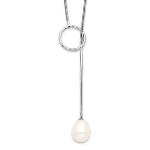 Sterling Silver Rhodium-plated 7-8mm White Teardrop Freshwater Cultured Pearl Drop Lariat Toggle Necklace, 19.5"