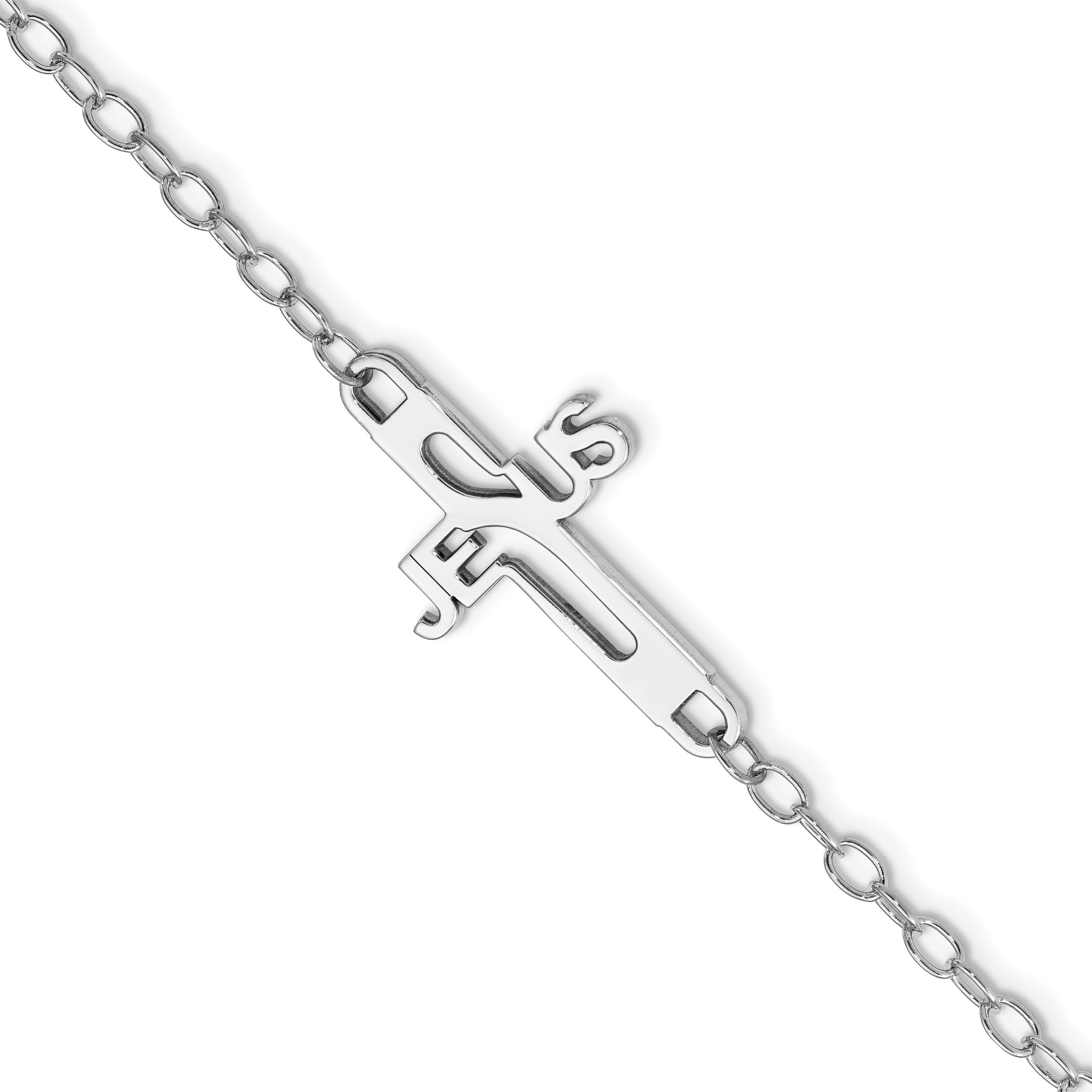 Sterling Silver Rhodium-plated Jesus Cross Womens 7.5in Bracelet (QG4152-7.5)