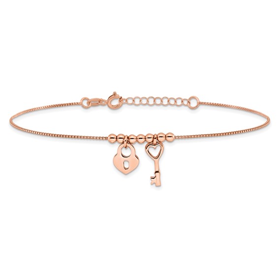 Sterling Silver Rose-tone Heart Lock and Key 9 inch Plus 1 inch Extender - Total 10 inch Anklet