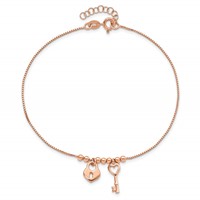 Sterling Silver Rose-tone Heart Lock and Key Plus 1 Inch Extender - Total 10 Inch Anklet, 9" view 4