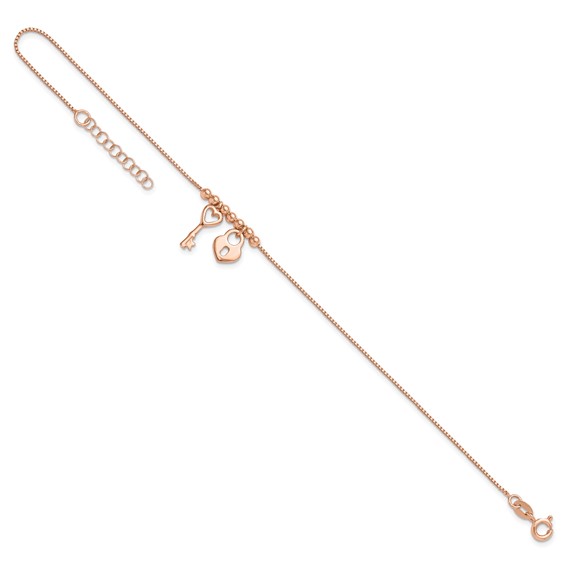 Sterling Silver Rose-tone Heart Lock and Key 9 inch Plus 1 inch Extender - Total 10 inch Anklet