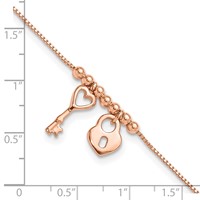 Sterling Silver Rose-tone Heart Lock and Key Plus 1 Inch Extender - Total 10 Inch Anklet, 9" view 5