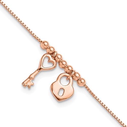 Sterling Silver Rose-tone Heart Lock and Key Plus 1 Inch Extender - Total 10 Inch Anklet, 9"
