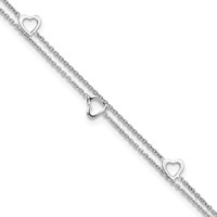 Sterling Silver Rhodium-plated Heart 2-Strand Plus 1 Inch Extender - Total 10 Inch Anklet, 9" view 1