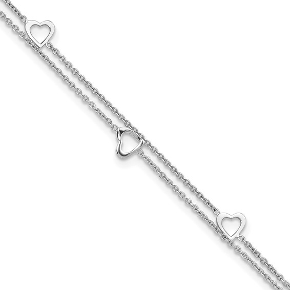 Sterling Silver Rhodium-plated Heart 2-Strand 9 inch Plus 1 inch Extender - Total 10 inch Anklet