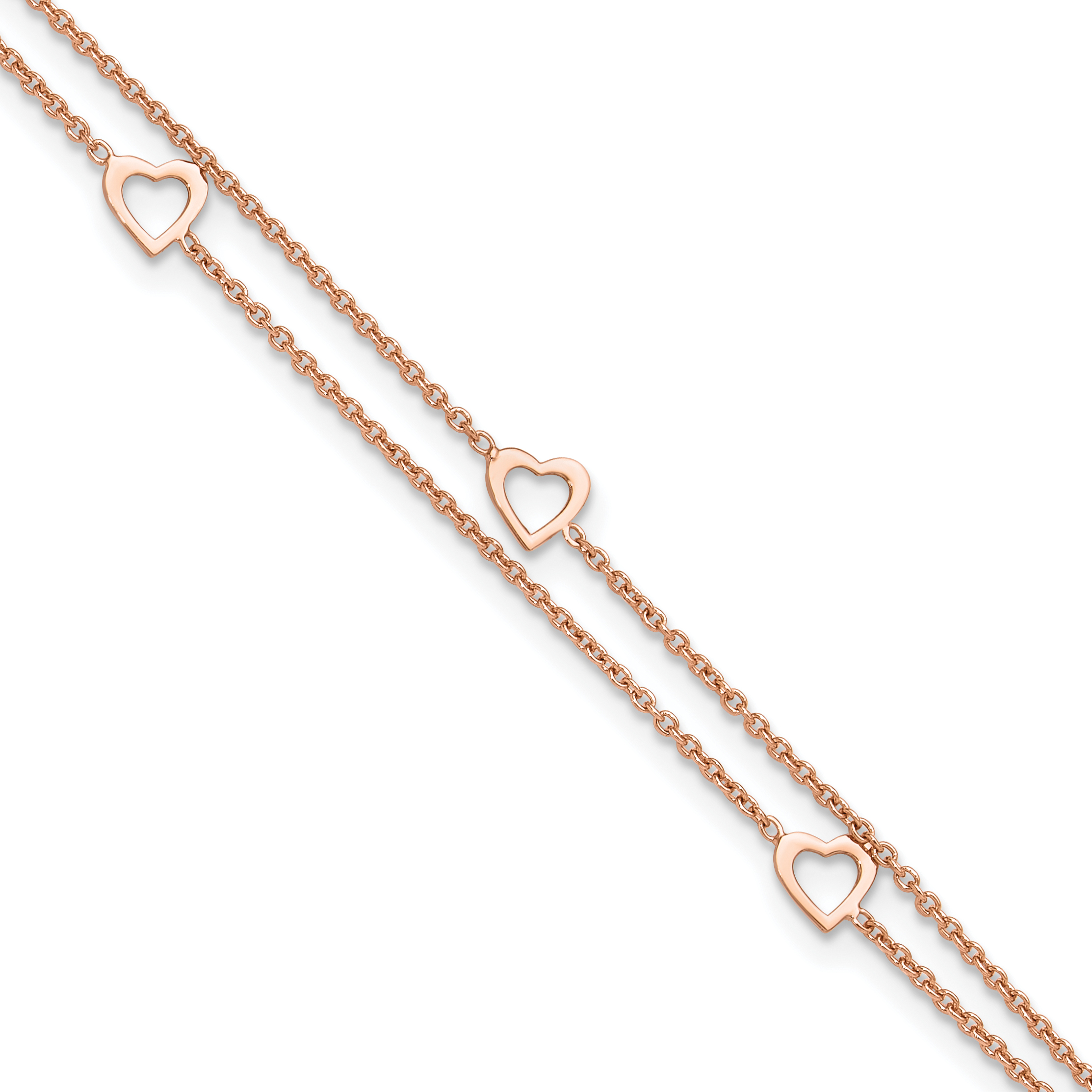 Sterling Silver Rose-tone Polished Heart 10in Plus 1in Anklet (QG4186-10)