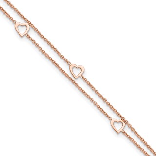 Sterling Silver Rose-tone Heart 2-Strand 10 inch Plus 1 inch Extender - Total 11 inch Anklet