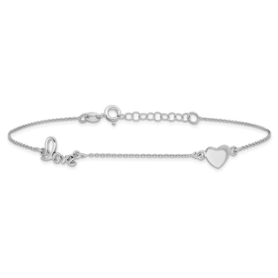 Sterling Silver Rhodium-plated Heart/LOVE Script 9 inch Plus 1 inch Extender - Total 10 inch Anklet