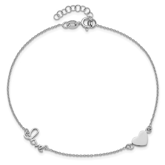Sterling Silver Rhodium-plated Heart/LOVE Script 9 inch Plus 1 inch Extender - Total 10 inch Anklet