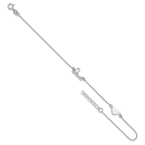 Sterling Silver Rhodium-plated Heart/LOVE Script 9 inch Plus 1 inch Extender - Total 10 inch Anklet