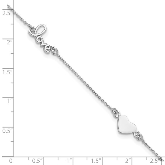 Sterling Silver Rhodium-plated Heart/LOVE Script 9 inch Plus 1 inch Extender - Total 10 inch Anklet