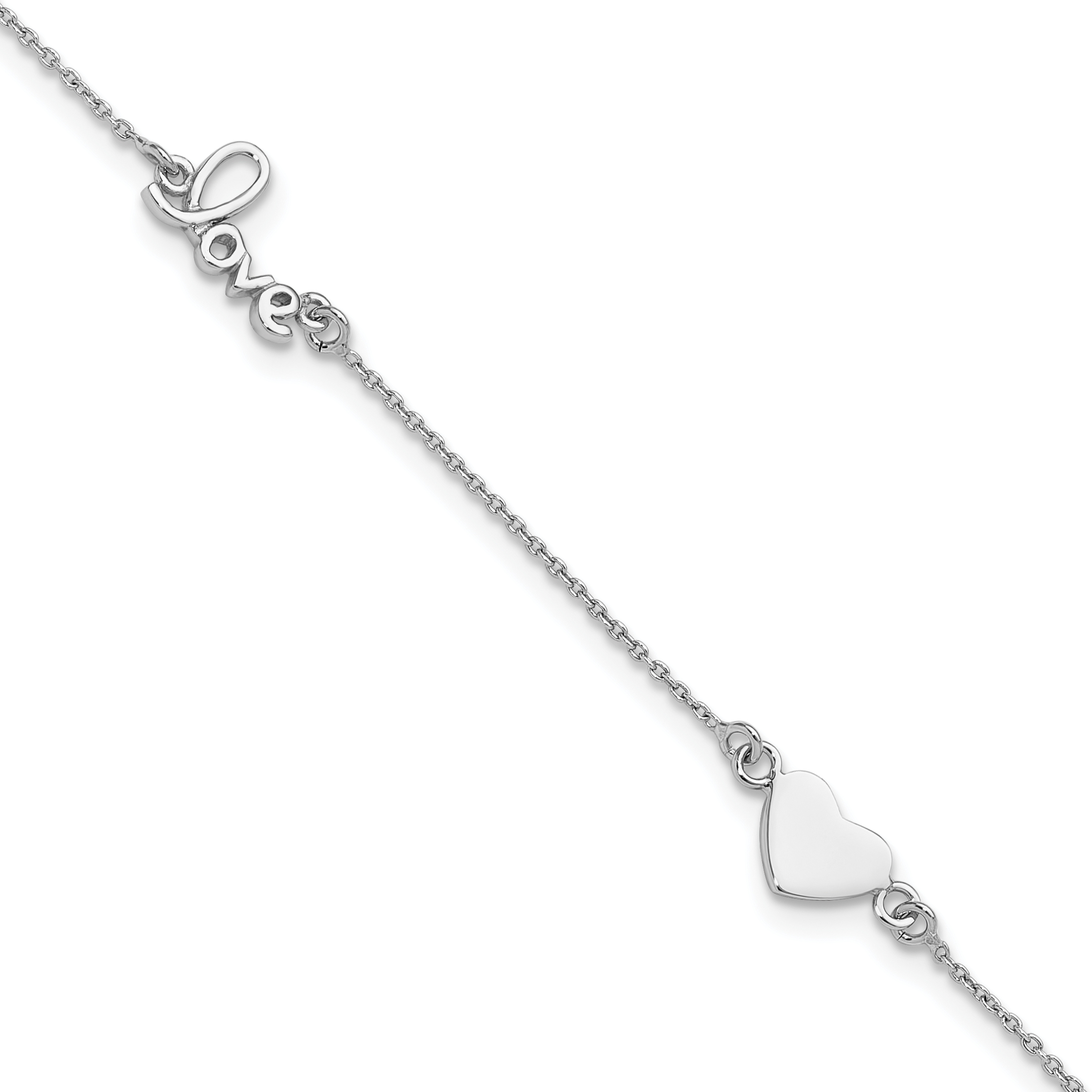 Sterling Silver Rhodium-plated Heart and LOVE 9in Plus 1in ext. Anklet (QG4187-9)