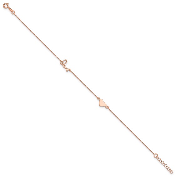 Sterling Silver Rose-tone Heart/LOVE Script 9 inch Plus 1 inch Extender - Total 10 inch Anklet