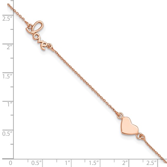 Sterling Silver Rose-tone Heart/LOVE Script 9 inch Plus 1 inch Extender - Total 10 inch Anklet