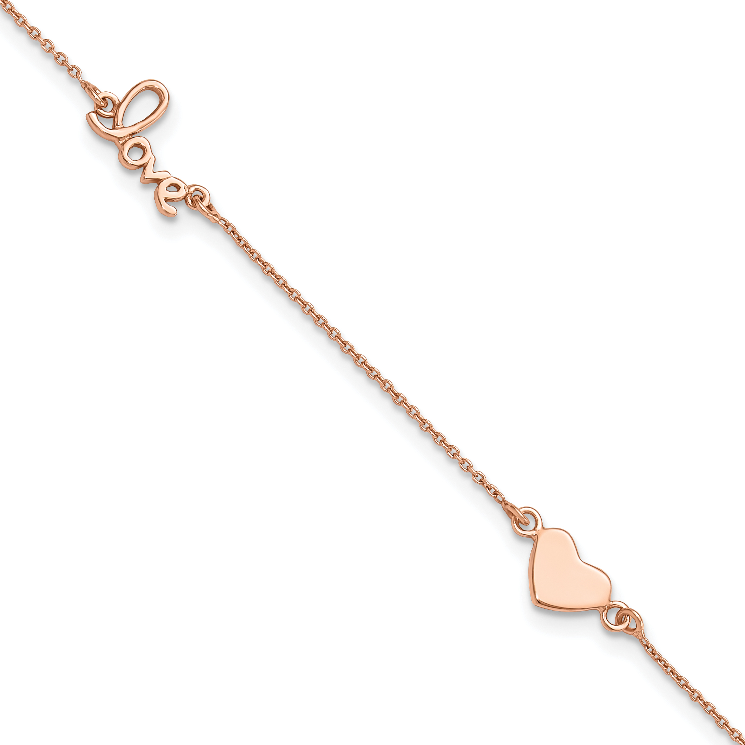 Sterling Silver Rose Tone Love and Heart 9in Plus 1in ext Anklet (QG4187RP-9)