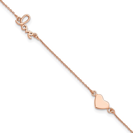Sterling Silver Rose-tone Heart/LOVE Script 9 inch Plus 1 inch Extender - Total 10 inch Anklet