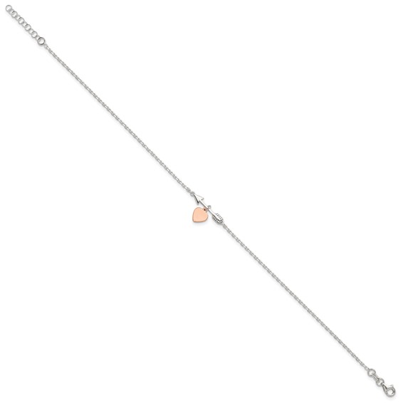 Sterling Silver Arrow with Rose-tone Heart 10 inch Plus 1 inch Extender - Total 11 inch Anklet