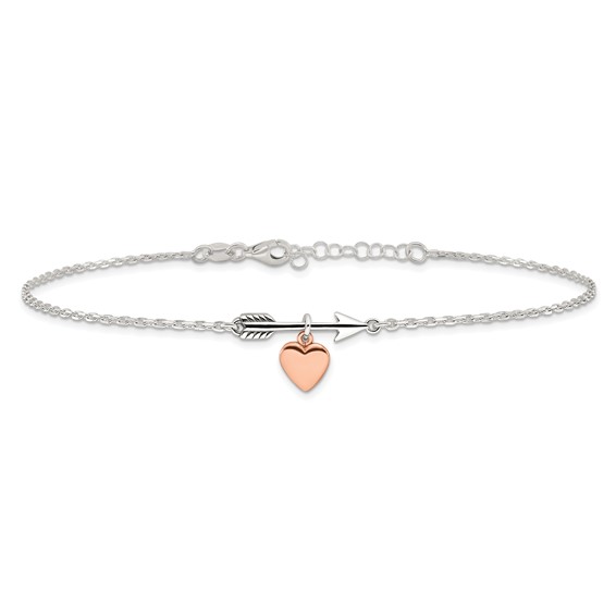 Sterling Silver Arrow with Rose-tone Heart 10 inch Plus 1 inch Extender - Total 11 inch Anklet