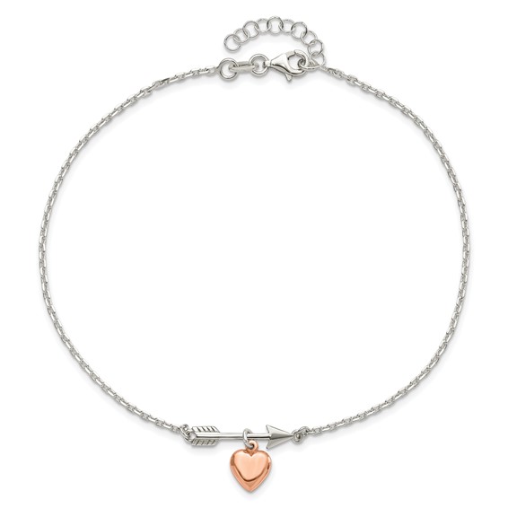 Sterling Silver Arrow with Rose-tone Heart 10 inch Plus 1 inch Extender - Total 11 inch Anklet