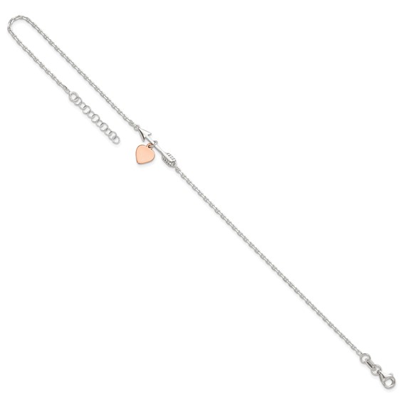Sterling Silver Arrow with Rose-tone Heart 10 inch Plus 1 inch Extender - Total 11 inch Anklet