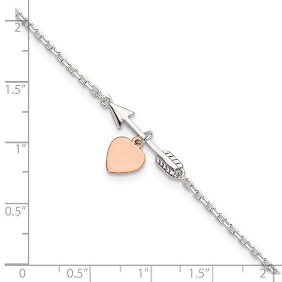 Sterling Silver Arrow with Rose-tone Heart 10 inch Plus 1 inch Extender - Total 11 inch Anklet