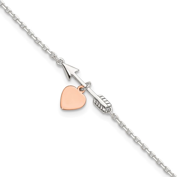 Sterling Silver Arrow with Rose-tone Heart 10 inch Plus 1 inch Extender - Total 11 inch Anklet