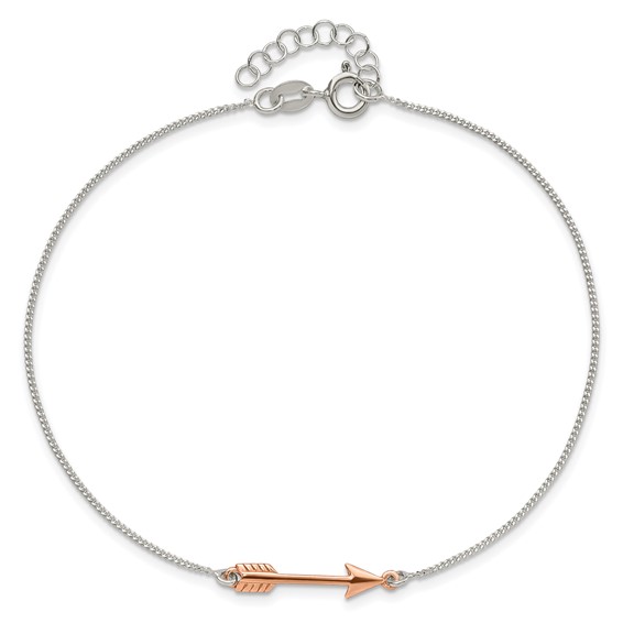 Sterling Silver with Rose-tone Arrow 10 inch Plus 1 inch Extender - Total 11 inch Anklet