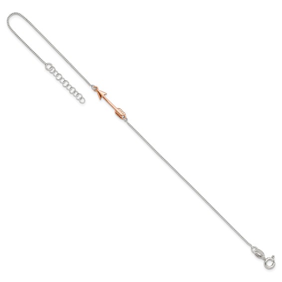 Sterling Silver with Rose-tone Arrow 9 inch Plus 1 inch Extender - Total 10 inch Anklet