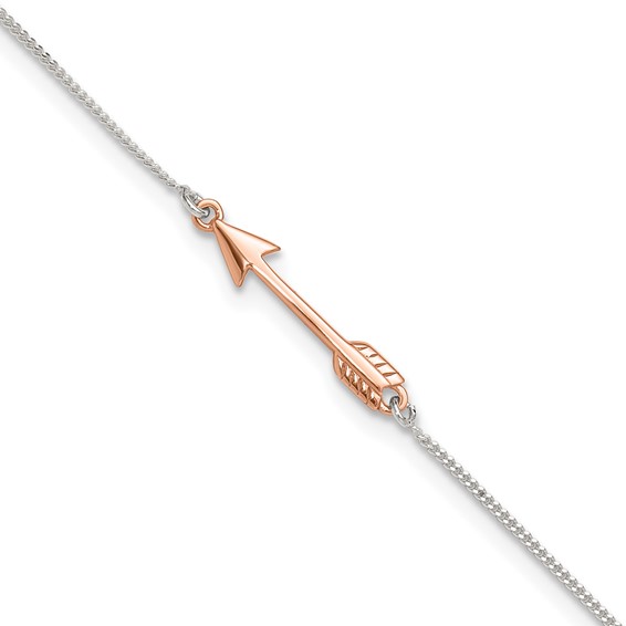 Sterling Silver with Rose-tone Arrow 10 inch Plus 1 inch Extender - Total 11 inch Anklet