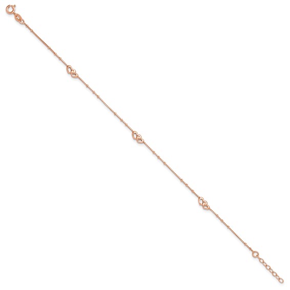 Sterling Silver Rose-tone Interlocked Hearts 9 inch Plus 1 inch Extender - Total 10 inch Anklet