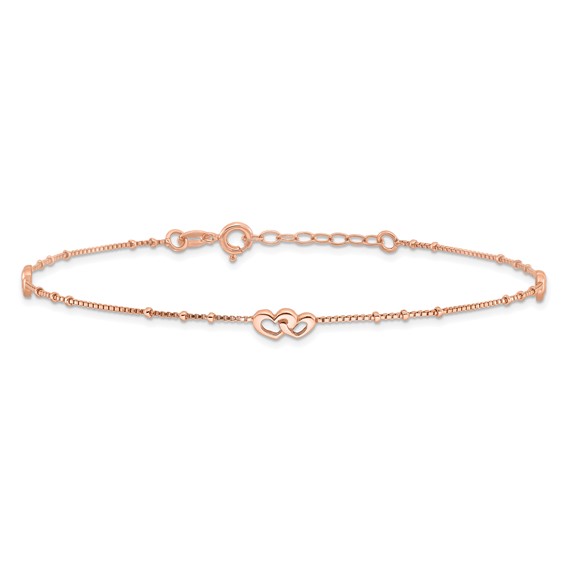 Sterling Silver Rose-tone Interlocked Hearts 9 inch Plus 1 inch Extender - Total 10 inch Anklet