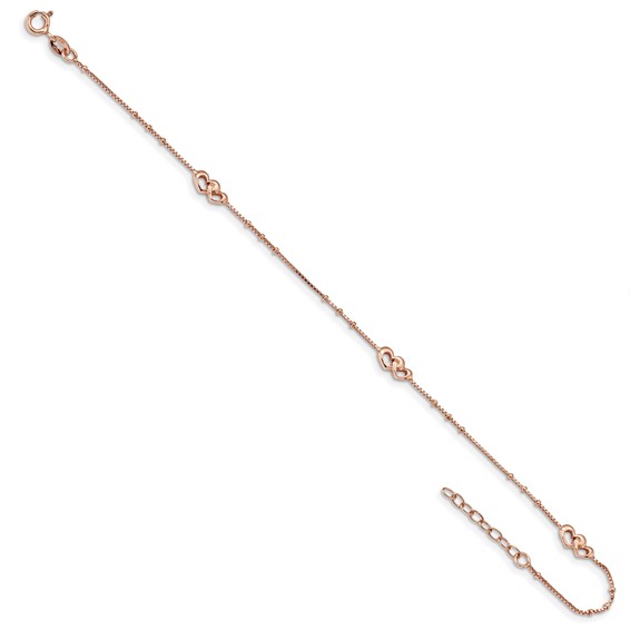Sterling Silver Rose-tone Interlocked Hearts 9 inch Plus 1 inch Extender - Total 10 inch Anklet