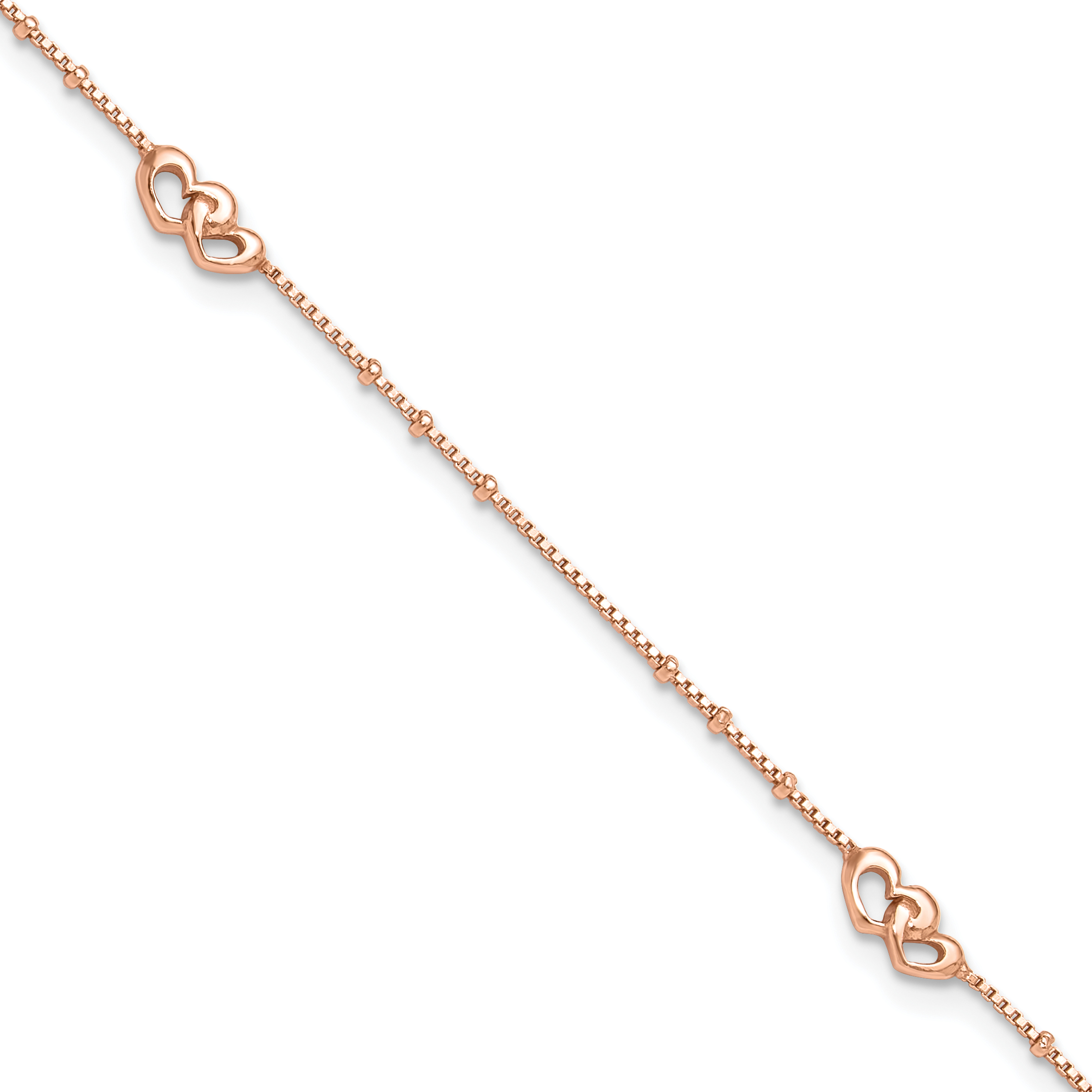 Sterling Silver Rose-tone Polished Hearts 9in Plus 1in Ext Anklet (QG4190-9)