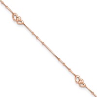 Sterling Silver Rose-tone Interlocked Hearts Plus 1 Inch Extender - Total 10 Inch Anklet - 9in view 1