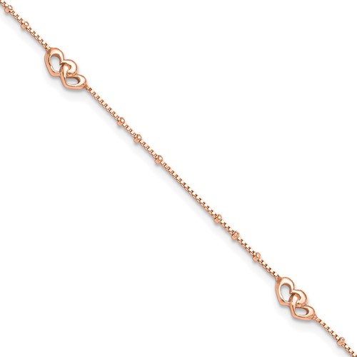 Sterling Silver Rose-tone Interlocked Hearts Plus 1 Inch Extender - Total 10 Inch Anklet, 9"