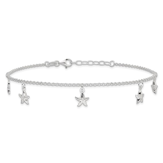 Sterling Silver Starfish Dangles 9 inch Plus 1 inch Extender - Total 10 inch Anklet