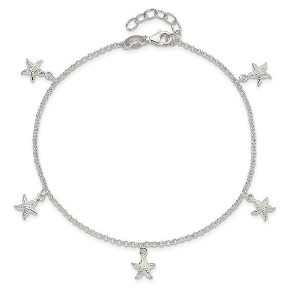Sterling Silver Starfish Dangles 9 inch Plus 1 inch Extender - Total 10 inch Anklet
