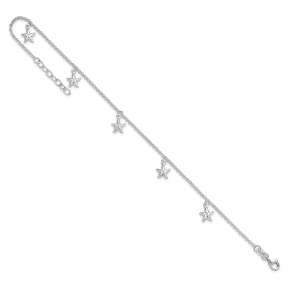 Sterling Silver Starfish Dangles 9 inch Plus 1 inch Extender - Total 10 inch Anklet