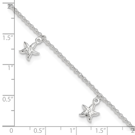 Sterling Silver Starfish Dangles 9 inch Plus 1 inch Extender - Total 10 inch Anklet