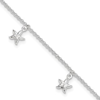 Sterling Silver Starfish Dangles 10 inch Plus 1 inch Extender - Total 11 inch Anklet